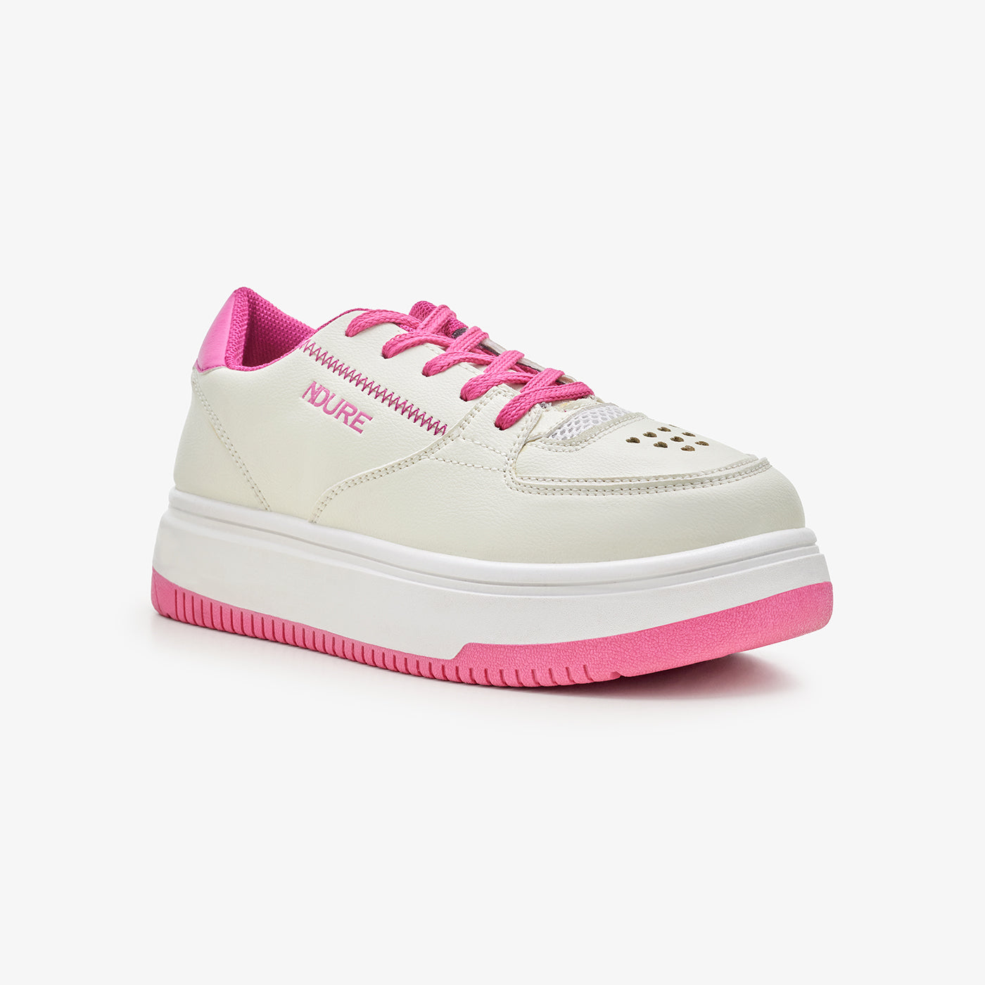 Girls' White Lace-Up Sneakers with Contrast Sole