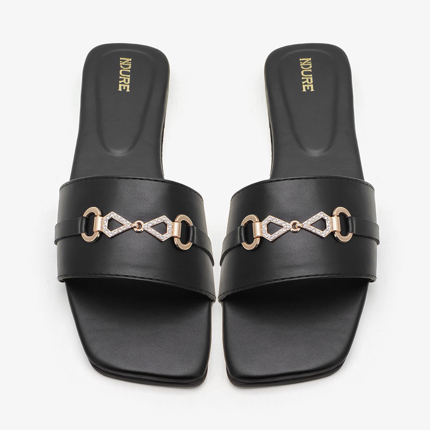 WOMEN’S METALLIC DETAIL STRAP SLIDES